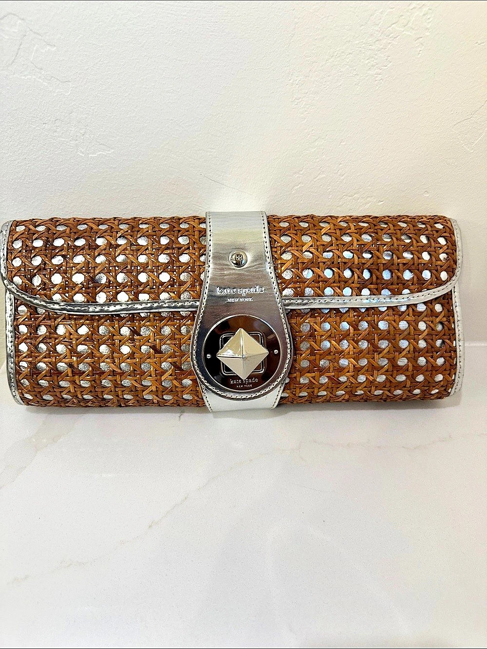 Vintage Kate Spade Woven Clutch in Brown & Silver Like New